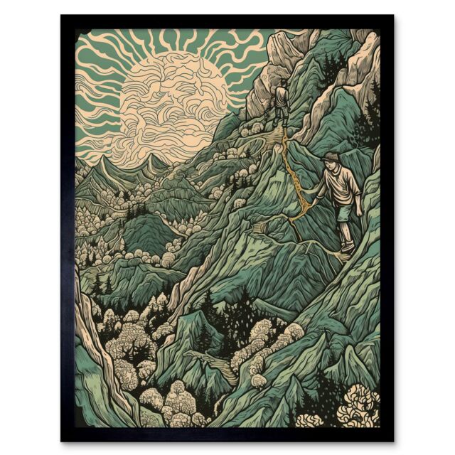 "Artery8 Wall Art Print Climb Every Mountain Hikers at Sunrise Linocut Art Framed in Black - Size: W12"" x H16""" - image 1