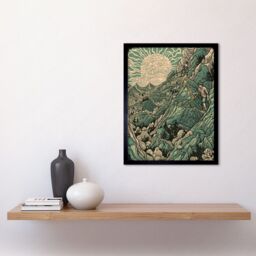 "Artery8 Wall Art Print Climb Every Mountain Hikers at Sunrise Linocut Art Framed in Black - Size: W12"" x H16""" - thumbnail 2