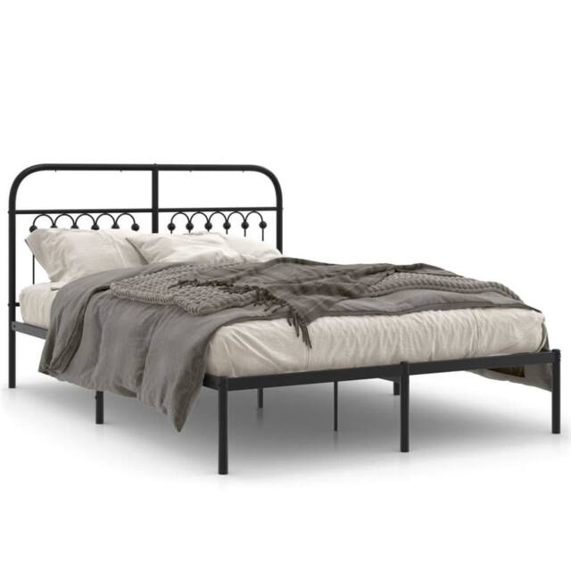 Berkfield Home Metal Bed Frame without Mattress with Headboard Black 135x190cm - Size: 135x190 cm - image 1