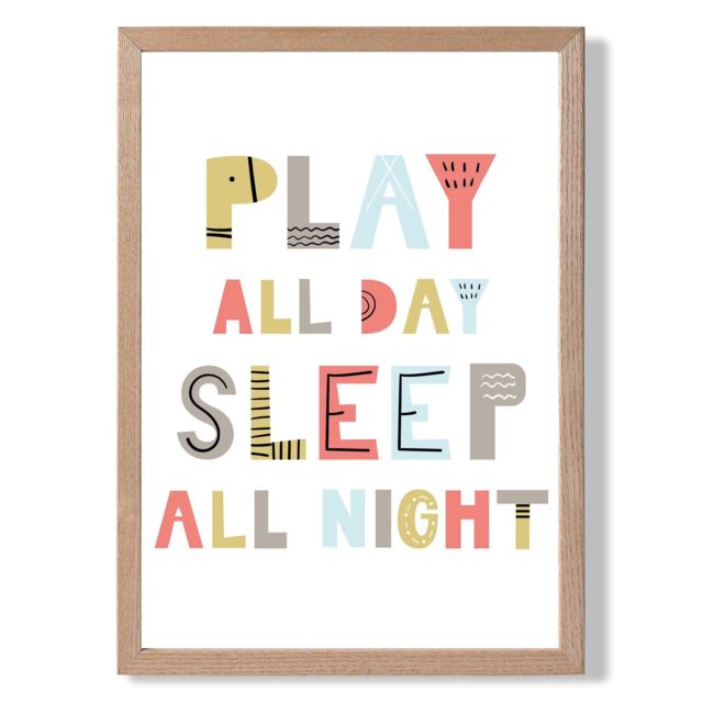 ARTZE Cute Play All Day Scandi Quote Framed Print SIZE: A3 with Oak Frame in Pale Blue - Size: A4 - image 1