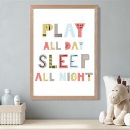 ARTZE Cute Play All Day Scandi Quote Framed Print SIZE: A3 with Oak Frame in Pale Blue - Size: A4 - thumbnail 2