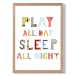 ARTZE Cute Play All Day Scandi Quote Framed Print SIZE: A3 with Oak Frame in Pale Blue - Size: A4