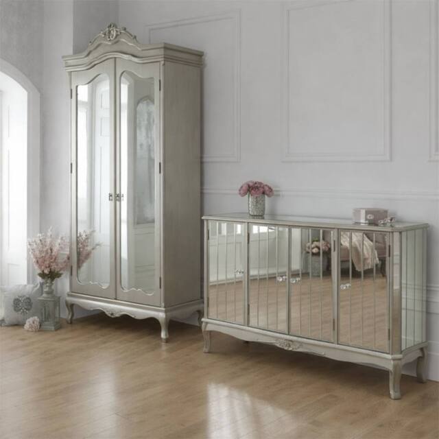 Melody Maison Silver Mirrored Wardrobe & Large Sideboard - Tiffany Range - image 1