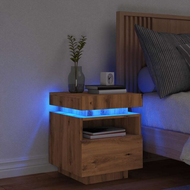 Berkfield Home Bedside Cabinet with LED Lights Artisan Oak 40x39x48.5 cm in Brown - image 1