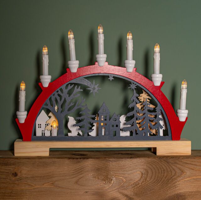 Samuel Alexander 45cm Battery Operated Light up Red Wooden Christmas Candle Bridge with 9 Warm White LEDs - image 1