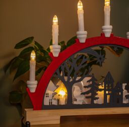 Samuel Alexander 45cm Battery Operated Light up Red Wooden Christmas Candle Bridge with 9 Warm White LEDs - thumbnail 3