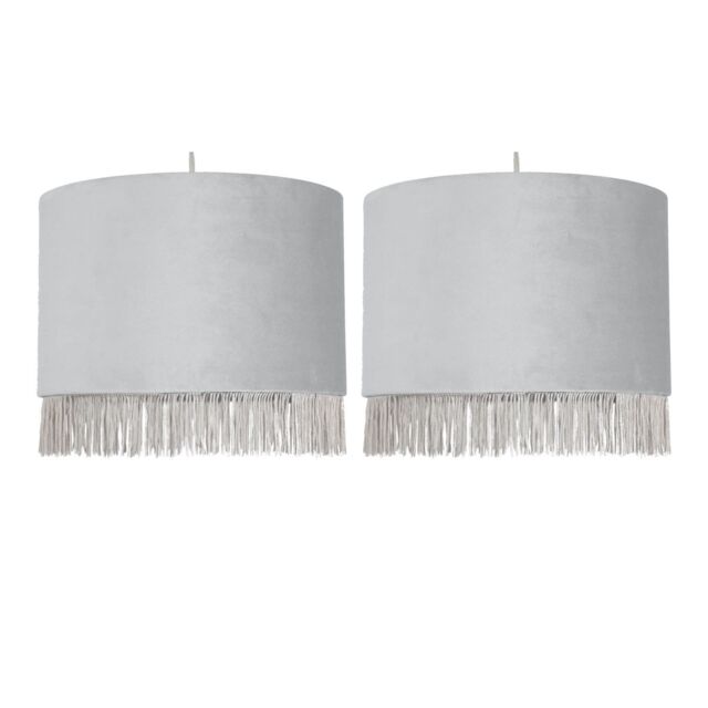 First Choice Lighting Set of 2 Fringed - Silvery Grey 23cm Fringed Velvet Pendant Shades in Silver - image 1