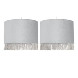 First Choice Lighting Set of 2 Fringed - Silvery Grey 23cm Fringed Velvet Pendant Shades in Silver