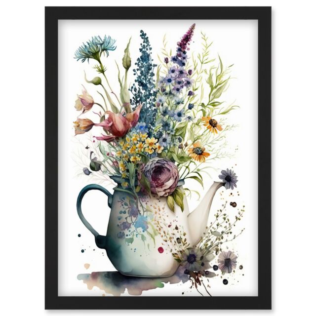 Artery8 Spring Wildflower Floral Bouquet in a Teapot Vase Artwork Framed Wall Art Print A4 in Black - image 1