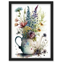 Artery8 Spring Wildflower Floral Bouquet in a Teapot Vase Artwork Framed Wall Art Print A4 in Black - thumbnail 1