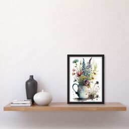 Artery8 Spring Wildflower Floral Bouquet in a Teapot Vase Artwork Framed Wall Art Print A4 in Black - thumbnail 2
