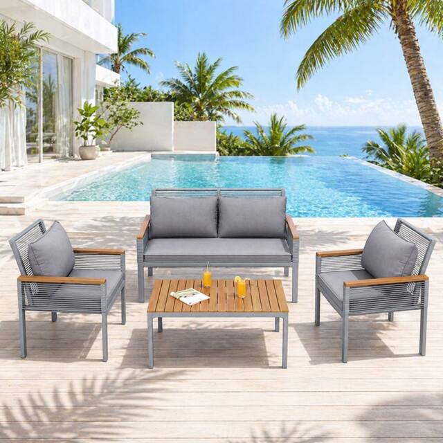 Merax 4 Piece Rattan Garden Sofa Set with Cushions & Coffee Table in Grey - image 1