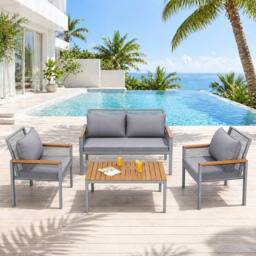Merax 4 Piece Rattan Garden Sofa Set with Cushions & Coffee Table in Grey - thumbnail 1