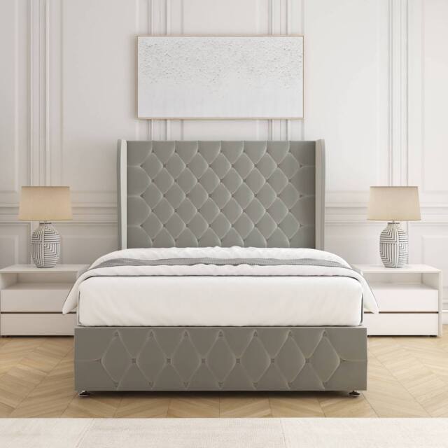 "BSSPOKE Faye Plush Velvet Divan Bed Set 54"" Headboard & Mattress No Drawers in Silver - Size: Single" - image 1