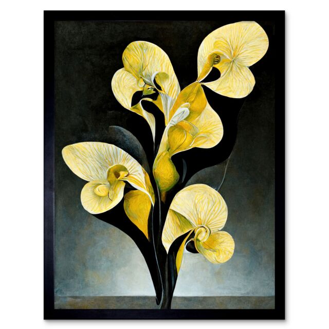 "Artery8 Wall Art Print Modern Abstract Black Yellow Orchid Flower Art Framed - Size: W12"" x H16""" - image 1
