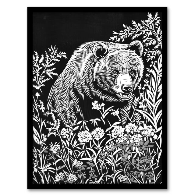 "Artery8 Bear in Wildflower Meadow Black White Floral Framed Art Print - Size: W12"" x H16""" - image 1