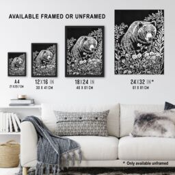 "Artery8 Bear in Wildflower Meadow Black White Floral Framed Art Print - Size: W12"" x H16""" - thumbnail 3