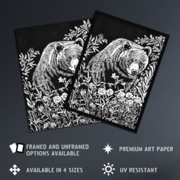 "Artery8 Bear in Wildflower Meadow Black White Floral Framed Art Print - Size: W12"" x H16""" - thumbnail 2