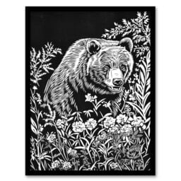 "Artery8 Bear in Wildflower Meadow Black White Floral Framed Art Print - Size: W12"" x H16""" - thumbnail 1