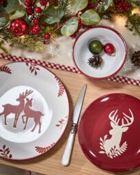 Dibor 12 Piece Red Plates & Bowls Reindeer Christmas Dinner Set 4 Person Christmas Crockery Set - thumbnail 3