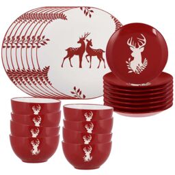 Dibor 12 Piece Red Plates & Bowls Reindeer Christmas Dinner Set 4 Person Christmas Crockery Set - thumbnail 2