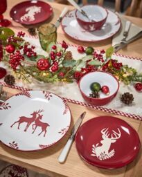 Dibor 12 Piece Red Plates & Bowls Reindeer Christmas Dinner Set 4 Person Christmas Crockery Set