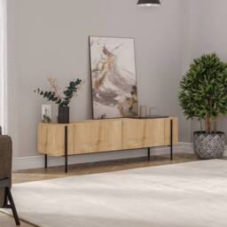 CALICOSY 2-Door TV Stand With Metal Legs, 160 Cm Wide, HERMIONE in Light Oak - thumbnail 8