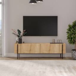 CALICOSY 2-Door TV Stand With Metal Legs, 160 Cm Wide, HERMIONE in Light Oak - thumbnail 2