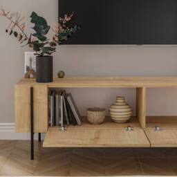 CALICOSY 2-Door TV Stand With Metal Legs, 160 Cm Wide, HERMIONE in Light Oak - thumbnail 5