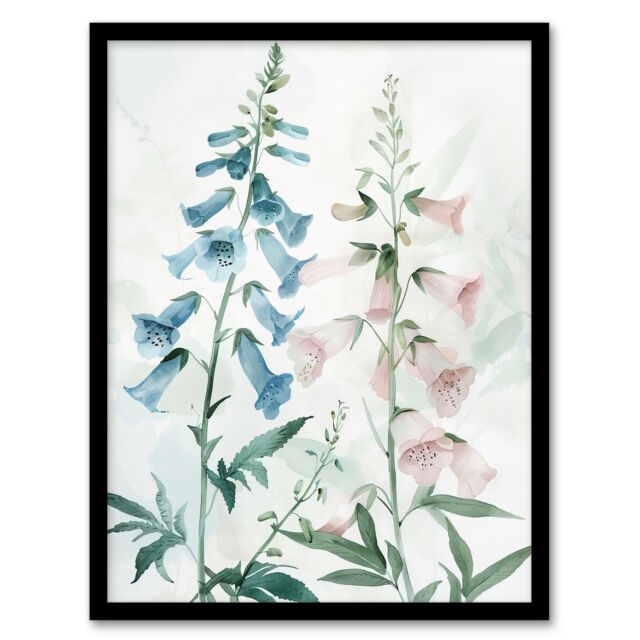 "Artery8 Pink Blue Foxglove Flowers Modern Watercolour Framed Art Print - Size: W12"" x H16""" - image 1