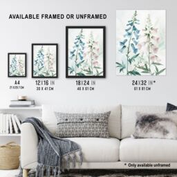 "Artery8 Pink Blue Foxglove Flowers Modern Watercolour Framed Art Print - Size: W12"" x H16""" - thumbnail 3
