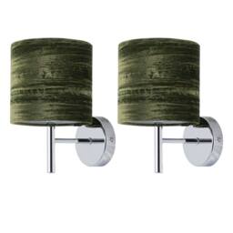 First Choice Lighting Set of 2 Brea - Chrome Wall Lights with Green Crushed Velvet Shades in Silver