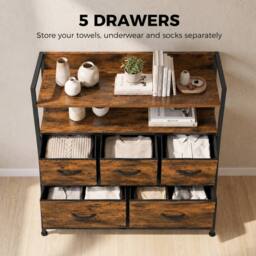 HOMCOM Bedroom Chest of Drawers 5 Drawer Dresser w/ Shelves, Rustic Brown - thumbnail 4