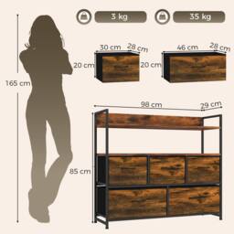 HOMCOM Bedroom Chest of Drawers 5 Drawer Dresser w/ Shelves, Rustic Brown - thumbnail 3