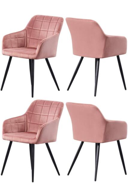 Life Interiors Set of 4 Camden Modern Velvet Dining Chairs with Armrests, Quilted Design & Black Metal Legs in Pink - image 1