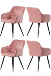 Life Interiors Set of 4 Camden Modern Velvet Dining Chairs with Armrests, Quilted Design & Black Metal Legs in Pink