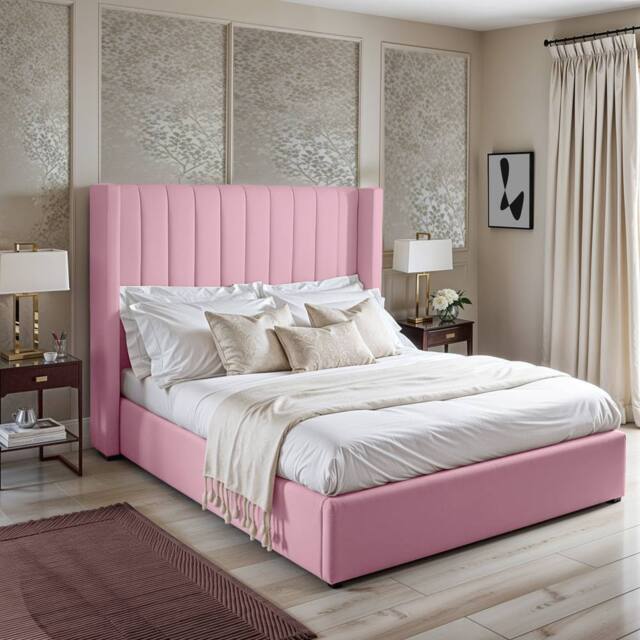 UK Bed Furniture Barcelona Upholstered Bed with 48 Inch Headboard & Slatted Base in Pink - Size: Small Double