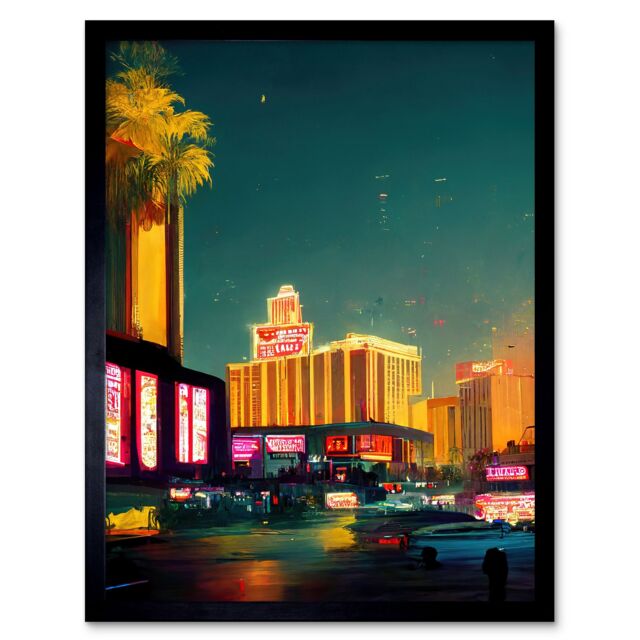 "Artery8 Wall Art Print Las Vegas Strip Cityscape Skyline Street Neon Bright Painting Art Framed in Black - Size: W12"" x H16""" - image 1
