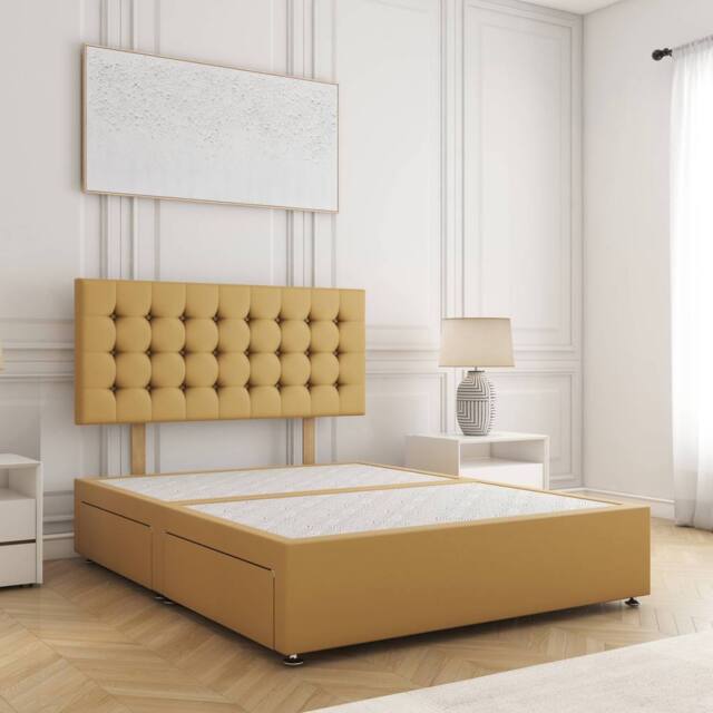 "BSSPOKE Isla Velvet Plush Divan Bed 24"" Headboard 4 Drawers & No Mattress in Mustard - Size: Double" - image 1