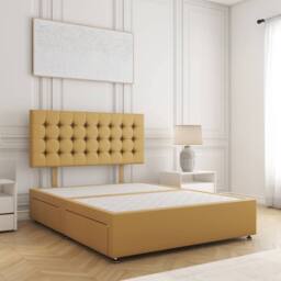 "BSSPOKE Isla Velvet Plush Divan Bed 24"" Headboard 4 Drawers & No Mattress in Mustard - Size: Double"
