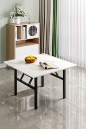 Living and Home Square 80cm Folding Coffee Table Dining Table with Marble Effect Top in White - thumbnail 2