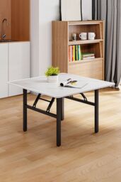 Living and Home Square 80cm Folding Coffee Table Dining Table with Marble Effect Top in White - thumbnail 1