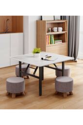 Living and Home Square 80cm Folding Coffee Table Dining Table with Marble Effect Top in White - thumbnail 3