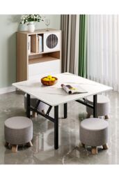 Living and Home Square 80cm Folding Coffee Table Dining Table with Marble Effect Top in White - thumbnail 4