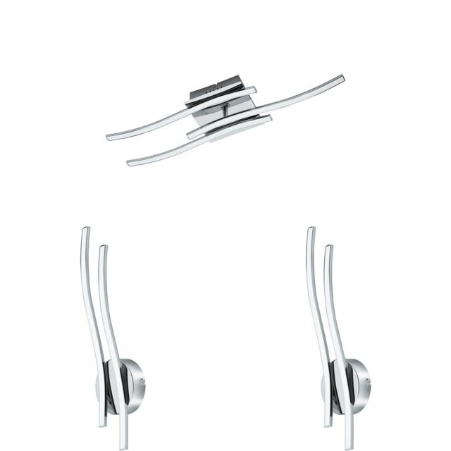 Loops Ceiling Spot Light & 2x Matching Wall Lights Modern Chrome LED Strip Lamp Set - image 1