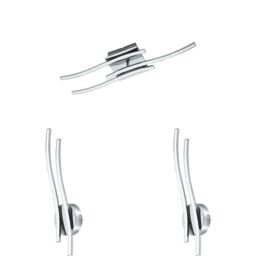 Loops Ceiling Spot Light & 2x Matching Wall Lights Modern Chrome LED Strip Lamp Set