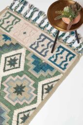 Homescapes Matala Green & Blue Kilim Wool Rug - Size: 160 cm x 230 cm - thumbnail 1