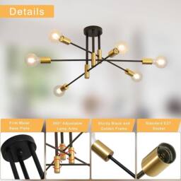 COMELY Sputnik Ceiling lights, 6 Lights E27 Vintage Black & Gold Chandelier - thumbnail 6