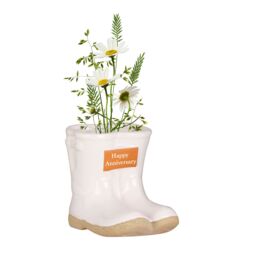 "Dibor Small White Ceramic Boots Flower Planter with ""Happy Anniversary"" Engraved Plaque Gardening Gift Father's Day H10 x W12cm" - thumbnail 2