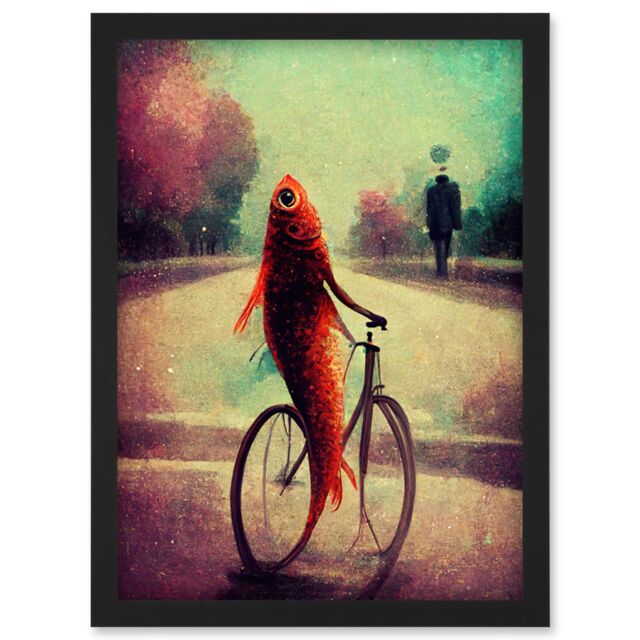 Artery8 Koi Fish With Bicycle Surrealism Purple Teal Park Dream Artwork Framed Wall Art Print A4 in Black - image 1
